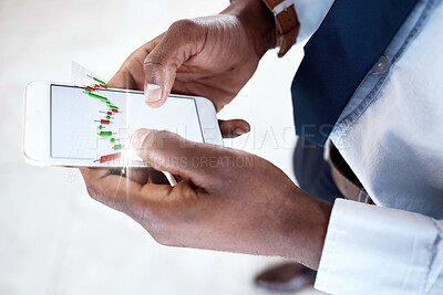 Buy stock photo Businessman, hands or phone screen with hologram for stock market, crypto trade or growth chart in office. Person, mobile or digital overlay on display for exchange, increase or future of business