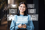 Portrait, woman and phone with marketing icons for social media, products promotion and networking performance. Smile, girl and mobile with ecommerce, online research and investment growth for system