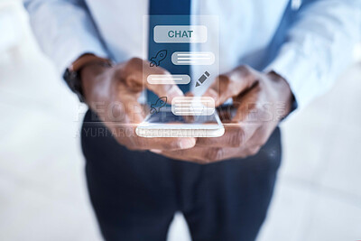 Buy stock photo Businessman, hands and phone with hologram for chat, connectivity and text message icon in office. Person, mobile and digital overlay on screen for communication, networking and future of business
