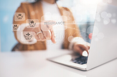 Buy stock photo Hand, hologram and woman with laptop, icon and business with internet, connection and website info. Closeup, person and employee with technology, computer and typing with symbol, sign and holographic