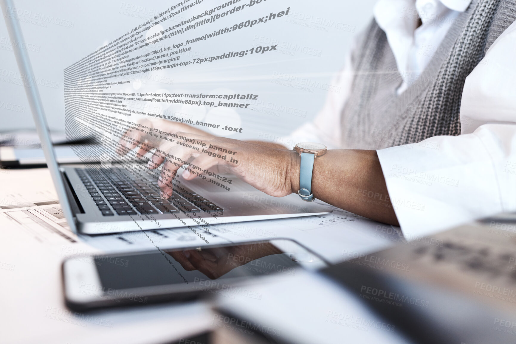 Buy stock photo Hands, text and woman with laptop, typing and internet with copywriting, publishing or editing. Closeup, writer or journalist with computer, magazine or email notification with research or connection