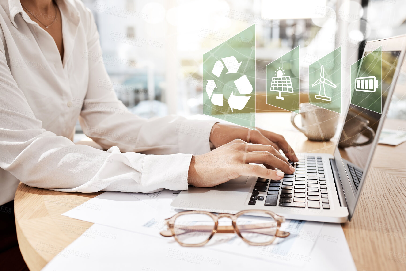 Buy stock photo Business, people and typing on laptop in office for overlay, sustainable and recycling electricity. Corporate, online innovation and solar panel, wind turbine and renewable energy of battery progress