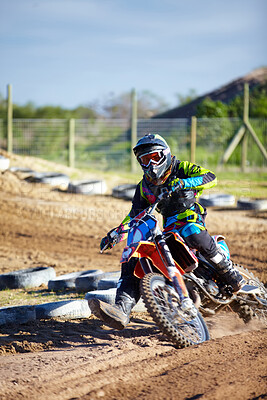 Buy stock photo Person, motorcycle and dirt race track competition as 
professional in action, danger or fearless risk. Bike rider, off road transportation or fast speed adventure rally, extreme sport on sand path