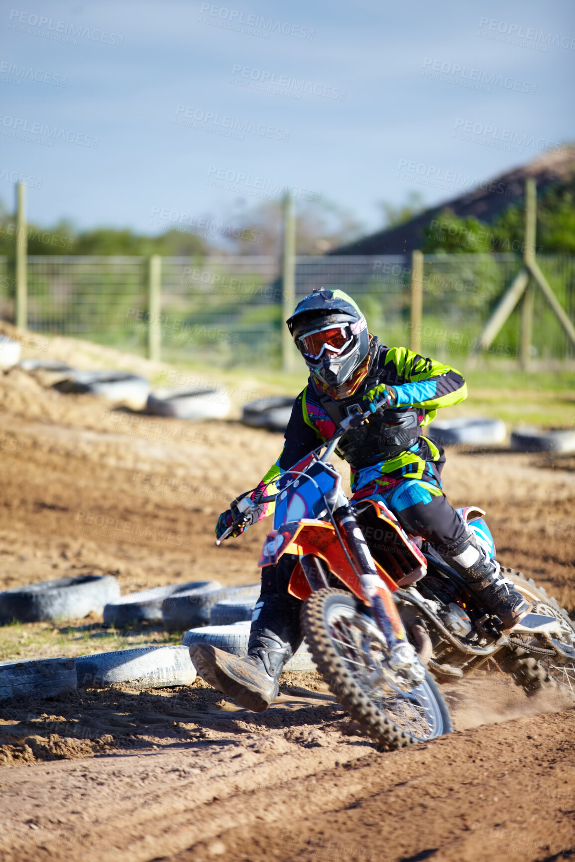 Buy stock photo Person, motorcycle and dirt race track competition as 
professional in action, danger or fearless risk. Bike rider, off road transportation or fast speed adventure rally, extreme sport on sand path