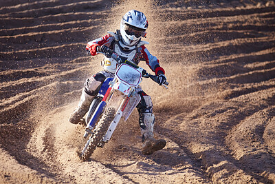 Buy stock photo Accident, sports and man biker on a dirt road for competition, race or training workout. Fitness, motorcycle and frustrated male athlete with mistake on bike in outdoor sand dunes or desert for hobby