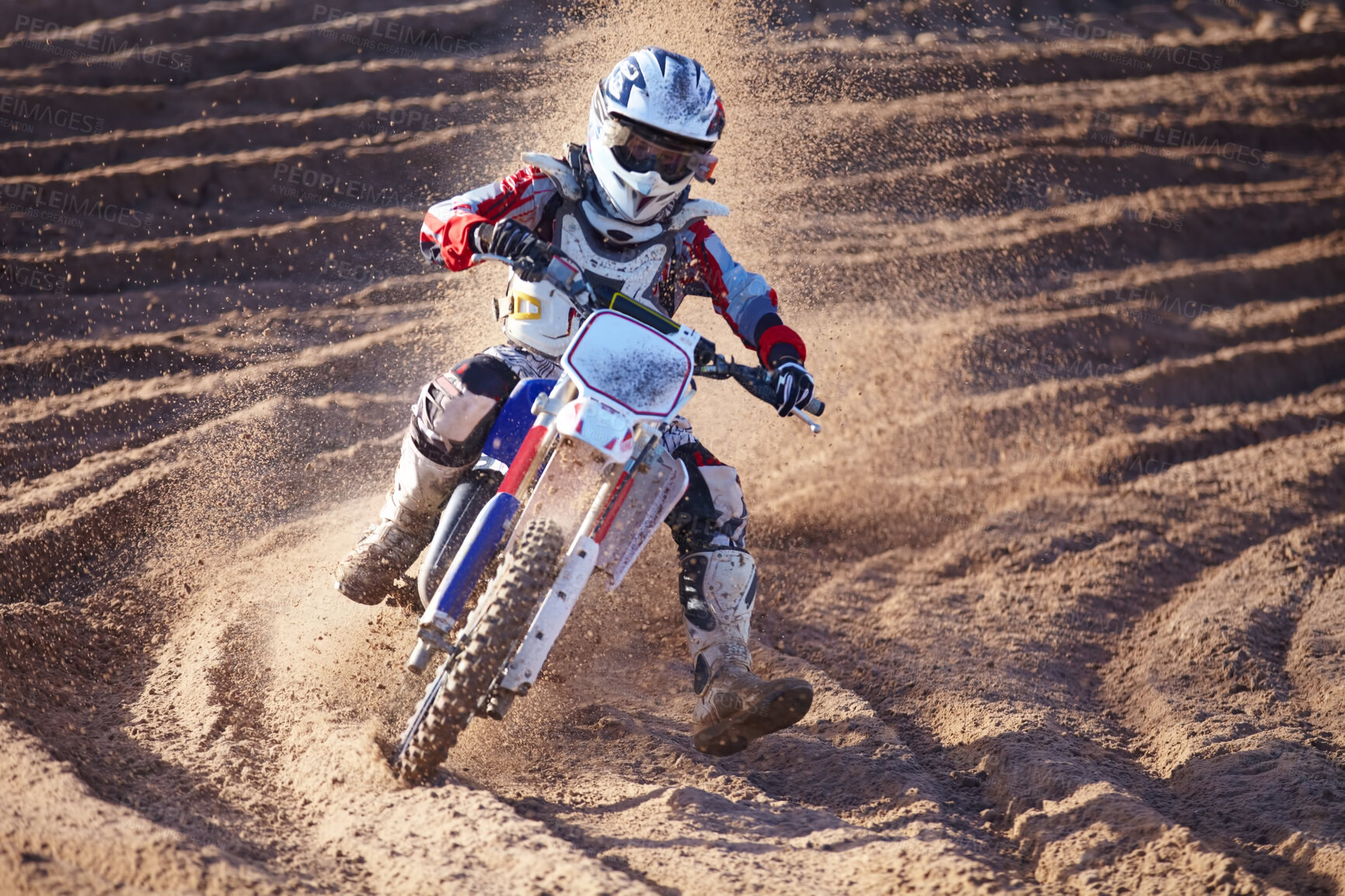 Buy stock photo Accident, sports and man biker on a dirt road for competition, race or training workout. Fitness, motorcycle and frustrated male athlete with mistake on bike in outdoor sand dunes or desert for hobby