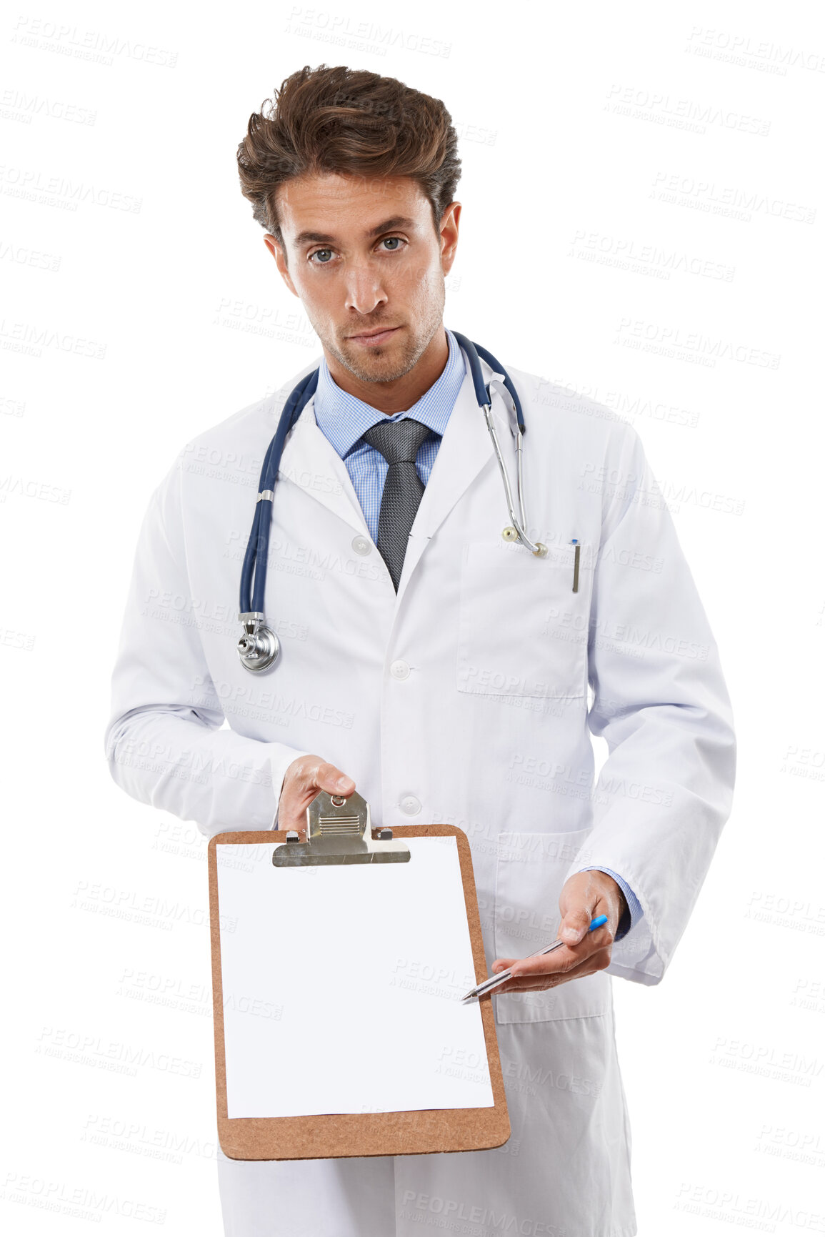 Buy stock photo Doctor, man or portrait in studio by clipboard and diagnosis in healthcare administration in mockup. Specialist, face and serious in medicine checklist, script and life insurance by white background