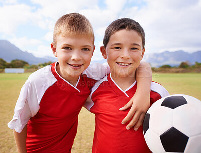 Buy stock photo Children, portrait and soccer team on field, happy and collaboration or support. People, kids and ready for match and partnership or teamwork, smiling and solidarity or energy for game or friends