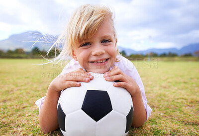 Buy stock photo Child, soccer player and ball with portrait, smile and ready for game, field and girl. Outdoor, playful and sport for childhood, happy and athlete for match, alone and outside on football pitch