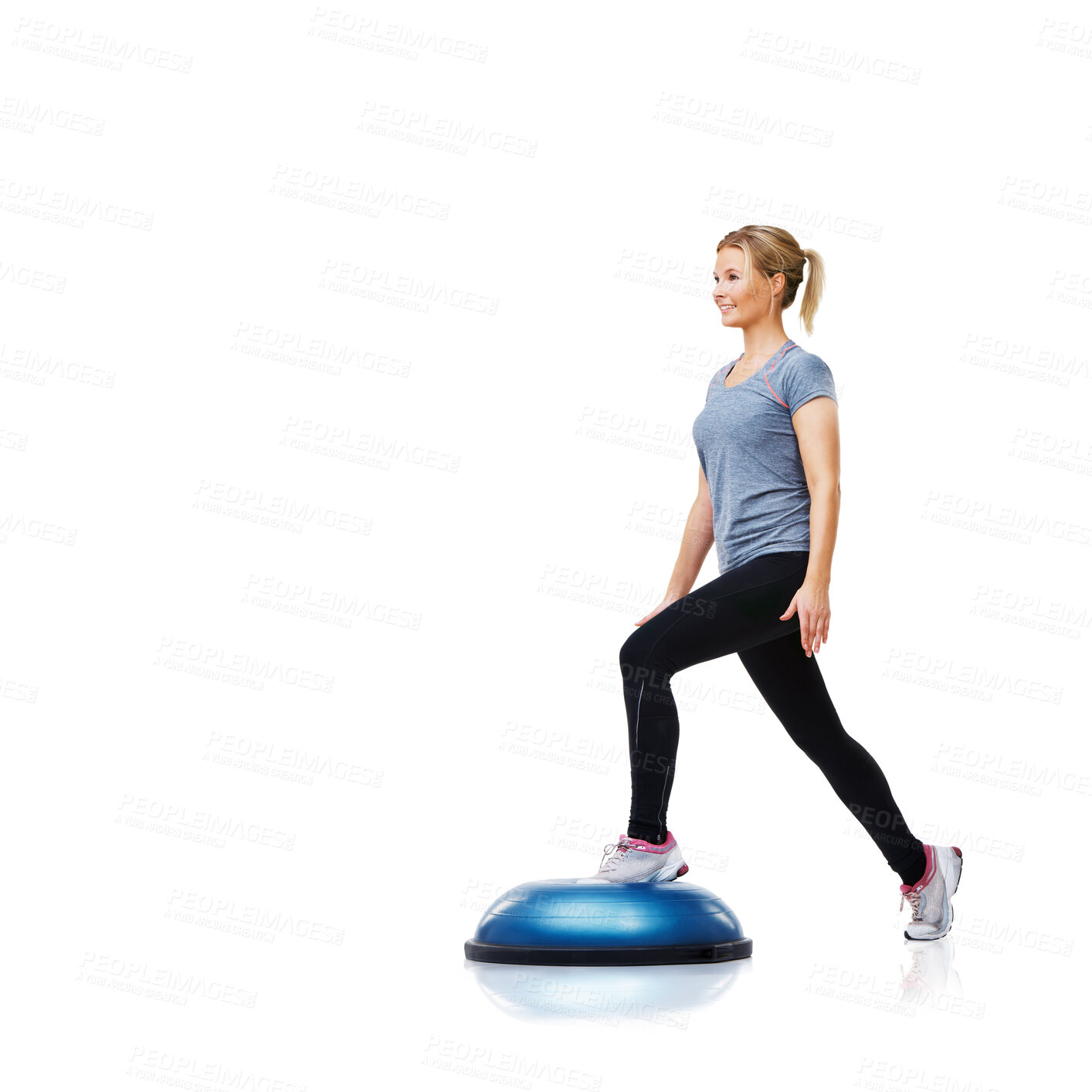 Buy stock photo Woman, ball or legs training in workout for body or core development isolated on white background. Athlete, exercise equipment or fitness for studio mockup space, balance challenge or wellness 