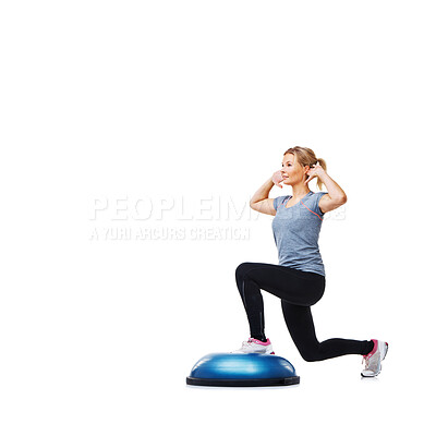 Buy stock photo Girl, studio and lunge for training, ball or balance for legs, muscle development or profile by white background. Person, workout and exercise with mock up space for vision, wellness or healthy body