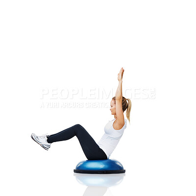 Buy stock photo Athlete, bosu ball or core balance in studio workout performance isolated on white background. Female person, training equipment or fitness for mockup space, body challenge or exercise for wellness