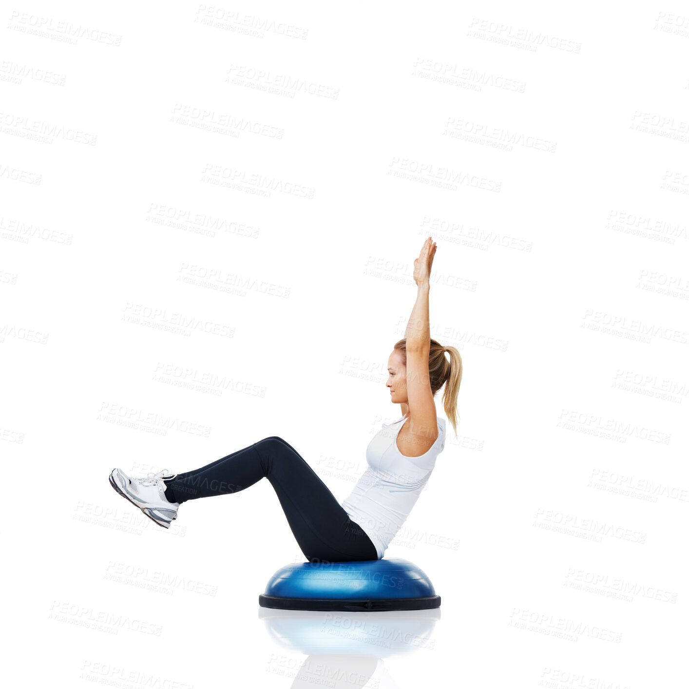 Buy stock photo Athlete, bosu ball or core balance in studio workout performance isolated on white background. Female person, training equipment or fitness for mockup space, body challenge or exercise for wellness