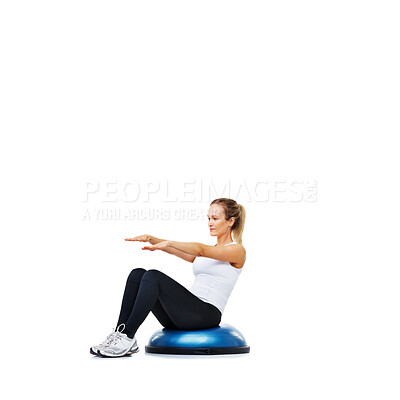 Buy stock photo Woman, fitness and sitting on balance ball for exercise, workout or training on a white studio background. Active person on half round object for pilates, practice or strong core on mockup space