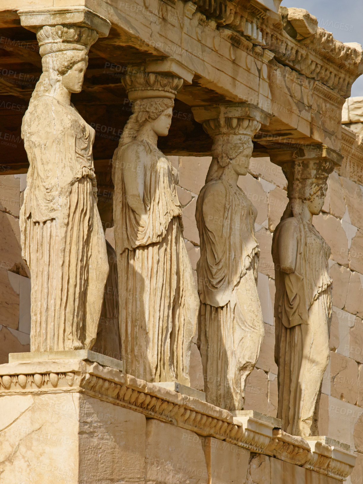 Buy stock photo Greek history, ruin or ancient pillar with keystone arch, architectural detail for tourist attraction site. Background, outdoor or stone of temple building for culture in Acropolis, Greece in city