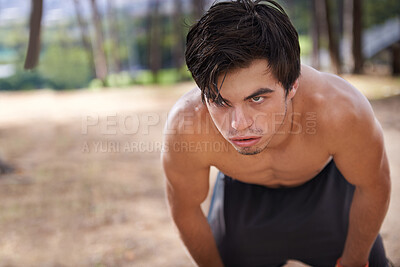 Buy stock photo Serious, man and run break in nature, active and concentrate think about fitness or health workout. Forest, fast training and wellness athlete for cardio exercise, sport and challenge for runner