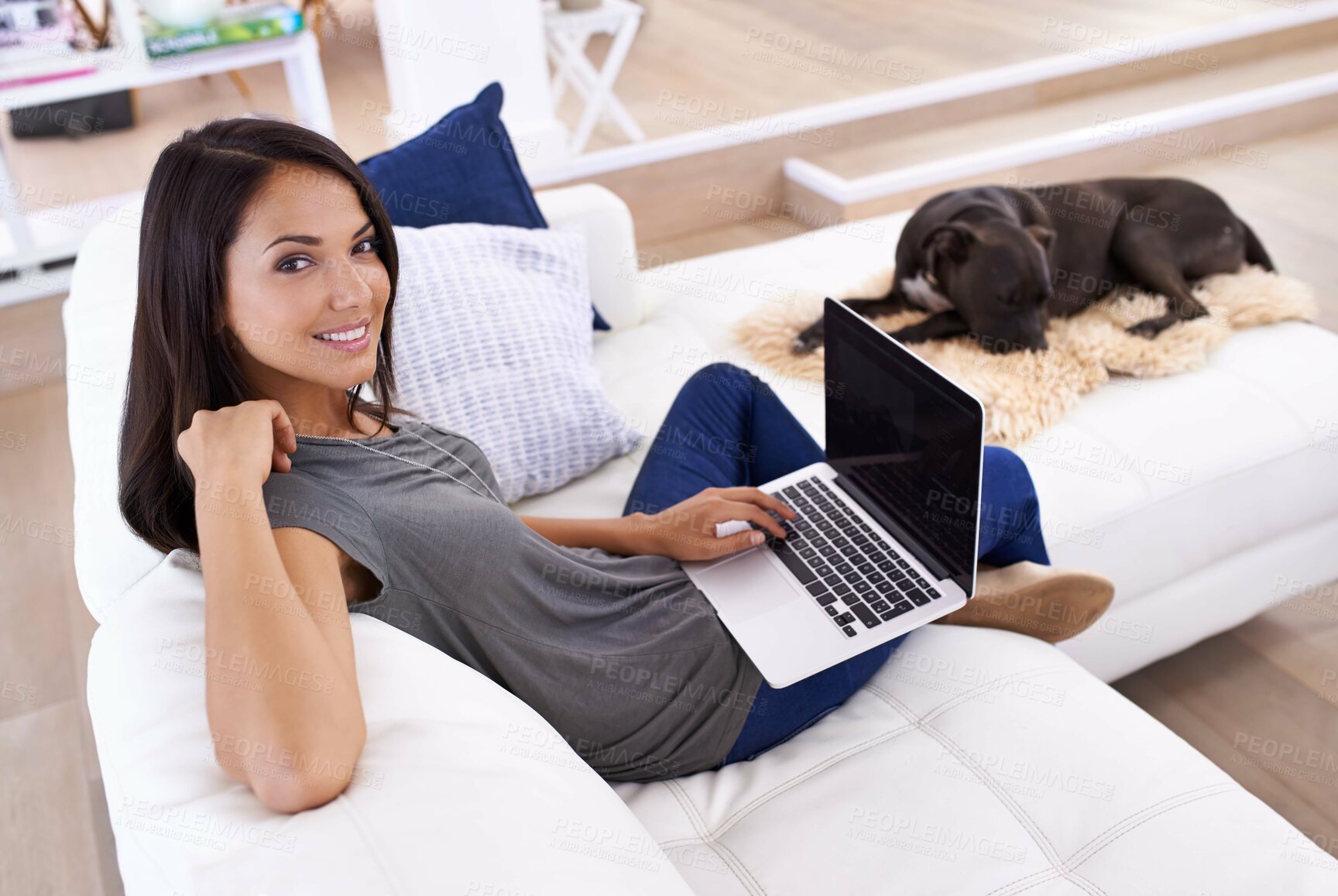 Buy stock photo Laptop, screen and portrait of happy woman on a sofa with social media, blog or web communication at home. Pc, mockup and face of female person with a dog in living room online for pet care