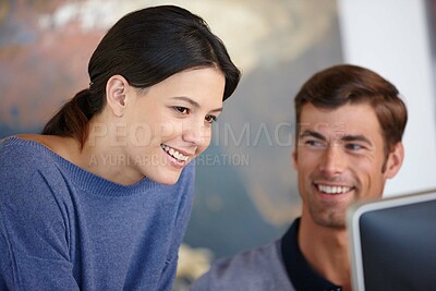 Buy stock photo Happy people and computer for working together, planning startup from home office. Business partnership, technology and teamwork with smile, trust and support on research project and collaboration