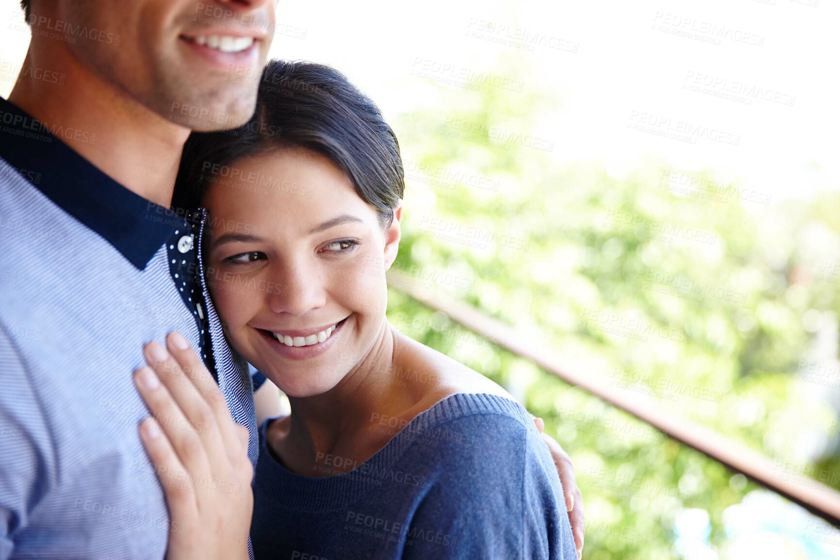 Buy stock photo Young couple, woman and happy in hug, support and love for relationship, together and bonding. Female person, hugging and smile with romance, closeness and outdoors in holding, embracing and care 