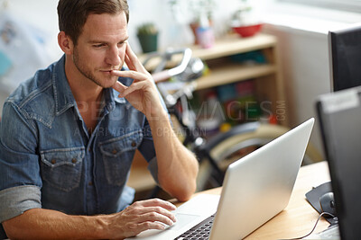 Buy stock photo Thinking, laptop and business man at startup working online for project, research and planning. Professional, creative company and person on computer for website review, internet and email networking