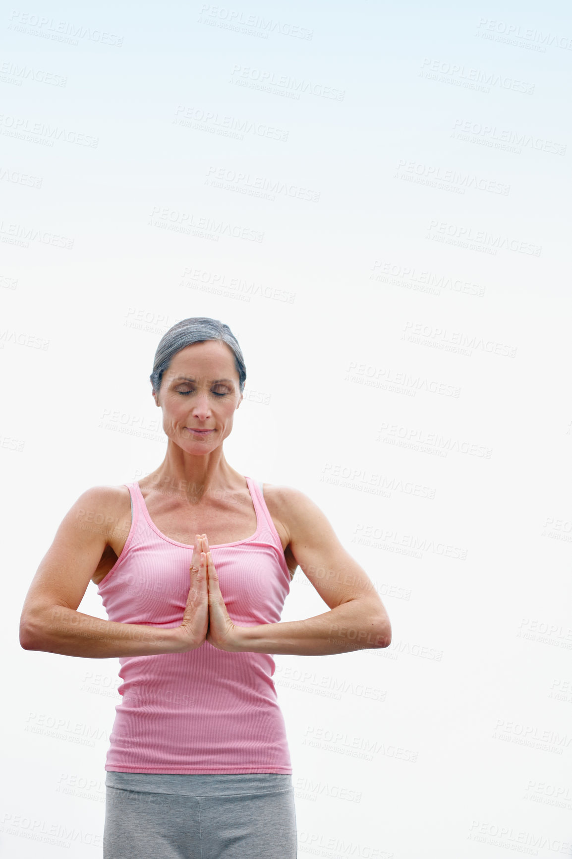 Buy stock photo Mature, woman and namaste with yoga outdoor for holistic fitness, mindfulness and peace of morning routine. Active, person and space with meditate, chakra and mental health for wellness performance