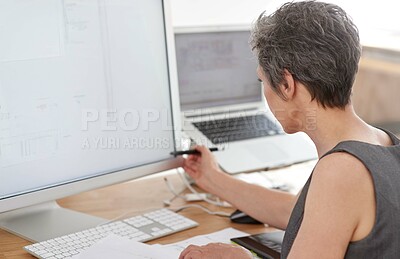 Buy stock photo Architecture, woman and design on computer screen for planning, housing development and renovation in office. Designer, blueprint or tech in firm for digital drawing, innovation or project management