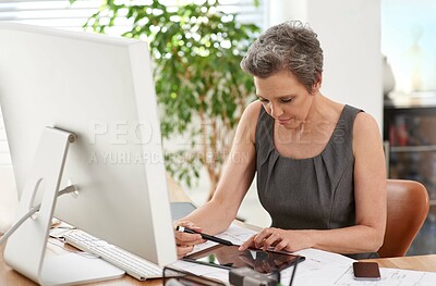 Buy stock photo Mature woman, architect and design with tablet, planning and blueprint for vision or project. Female person, professional and technology as designer or creative for management, company or development