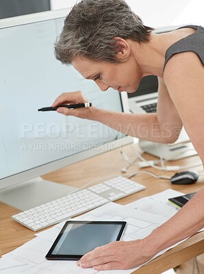 Buy stock photo Architecture, woman and drawing on computer screen with tablet, housing development and reference in office. Architect, blueprint and tech in firm for digital plan, innovation and project management