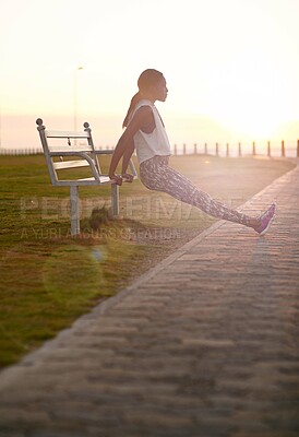 Buy stock photo Bench, fitness and stretching with sports woman outdoor on promenade for start of exercise routine.  Preparation, sunset and warm up with runner person getting ready for cardio training or workout