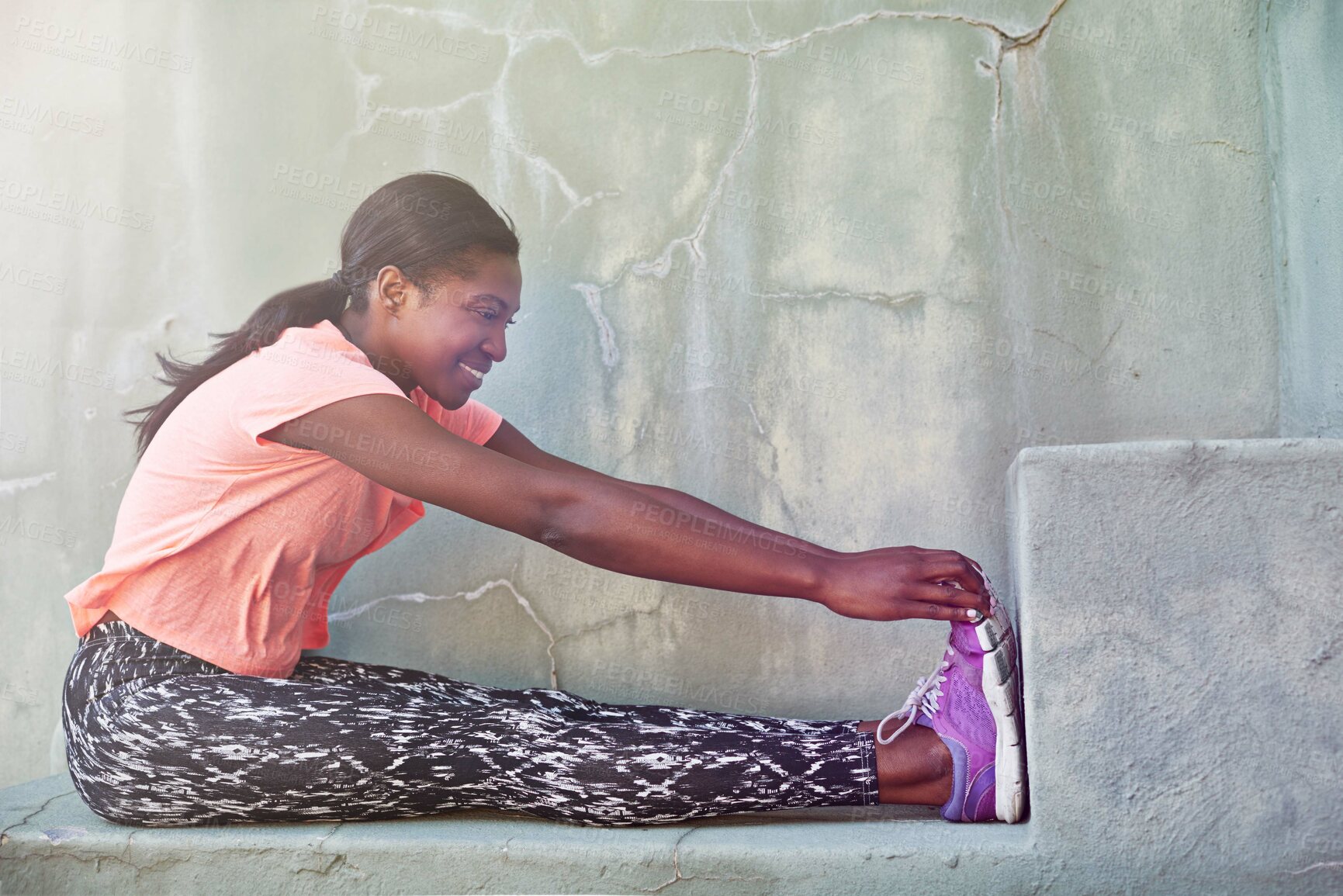 Buy stock photo Happy, black woman and stretching with shoes on step for fitness, workout or warm up exercise. Young African, female person or active runner with smile for preparation or getting ready for training