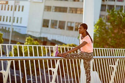 Buy stock photo Black woman, fitness and stretching with bridge in city for workout preparation or warm up exercise. Young African, female person or runner getting ready for outdoor training or phyiscal activity