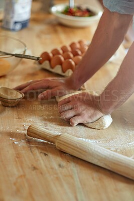 Buy stock photo Person, hands and kneading with dough for baking, pastry or dessert with flour, eggs or new recipe on table at home. Closeup, chef or baker for savoury, mixing ingredients or cooking trial in kitchen