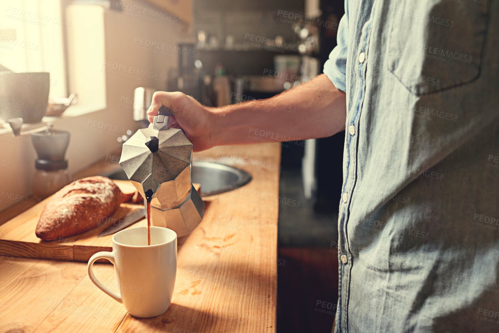 Buy stock photo Home, kitchen and hands of person with coffee in moka pot for caffeine beverage, warm drink and cappuccino. Apartment, morning and man with espresso maker on counter for breakfast, aroma and wellness