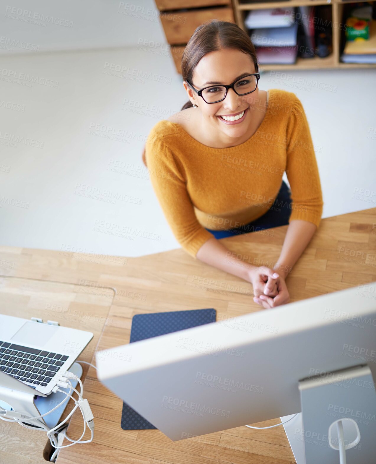 Buy stock photo Happy woman, glasses and portrait in office for small business, development and productivity at tech. Web designer, smile and computer in creative agency for networking, connectivity and creativity