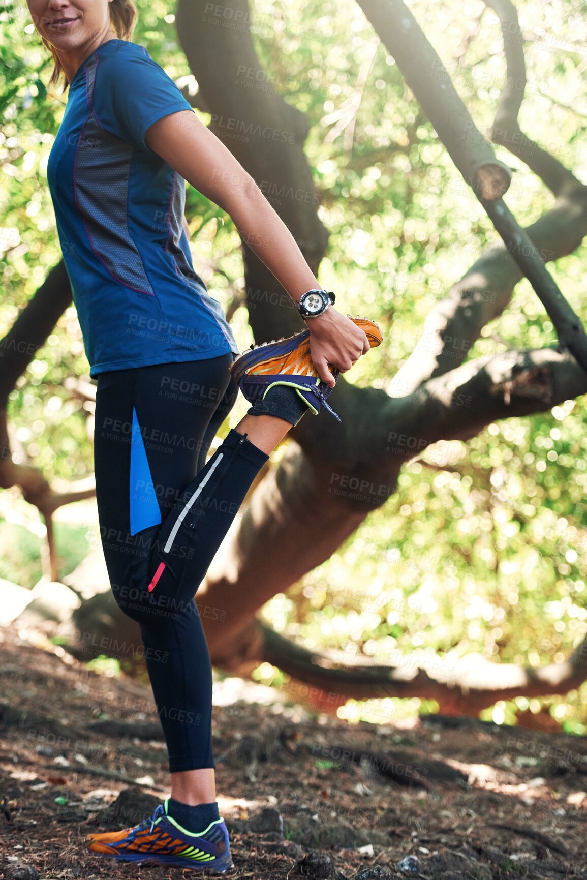 Buy stock photo Stretch, woman and legs in forest for run on trail in nature for fitness, summer and training for sport. Active, health and running shoes for hike in green nature for wellness or cardio in London.