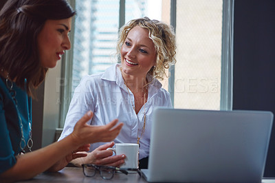 Buy stock photo Happy team, laptop and business women in discussion, brainstorming ideas or creative solution in startup. Computer project manager and collaboration, planning and feedback for development in meeting