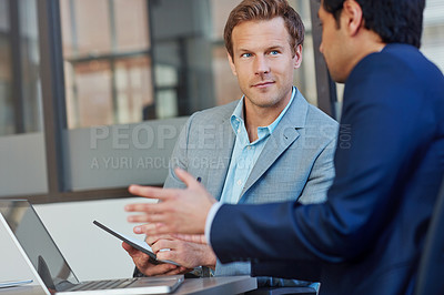 Buy stock photo Laptop, business plan and men in office with advice, research and collaboration for proposal strategy. Partnership, advisor and businessman in meeting for project management, teamwork or online ideas