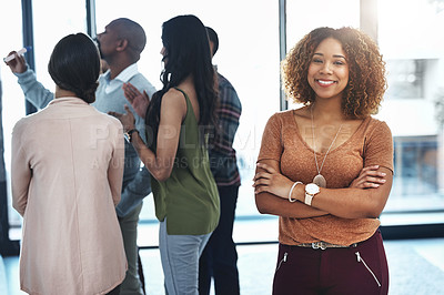 Buy stock photo Creative, workshop or portrait of happy woman with business people for coaching, meeting or planning. Opportunity, learning and proud designer with smile for skills development, teamwork and training