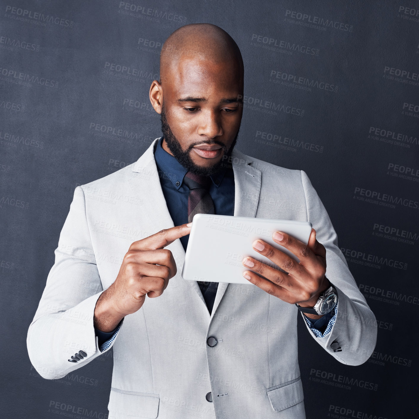 Buy stock photo Management, African man and tablet for opportunity, communication and connection for business deal. Male person, reading and tech on gray background for internet, network and investment as accountant