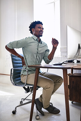 Buy stock photo Black man, back pain and injury with computer at office for bad posture, spine problem or sore muscle. Young African or business employee in fatigue, stress or overtime with scoliosis or fibromyalgia