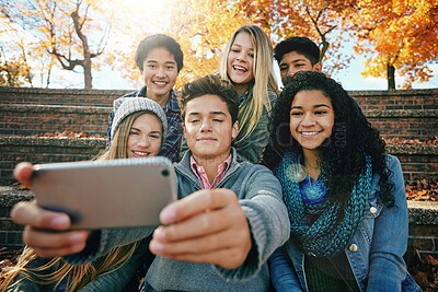 Buy stock photo Selfie, happy or gen z friends in park for social media, online post or profile picture together in autumn. Woman, man or people with smile for photo for a fun holiday vacation to relax in nature 