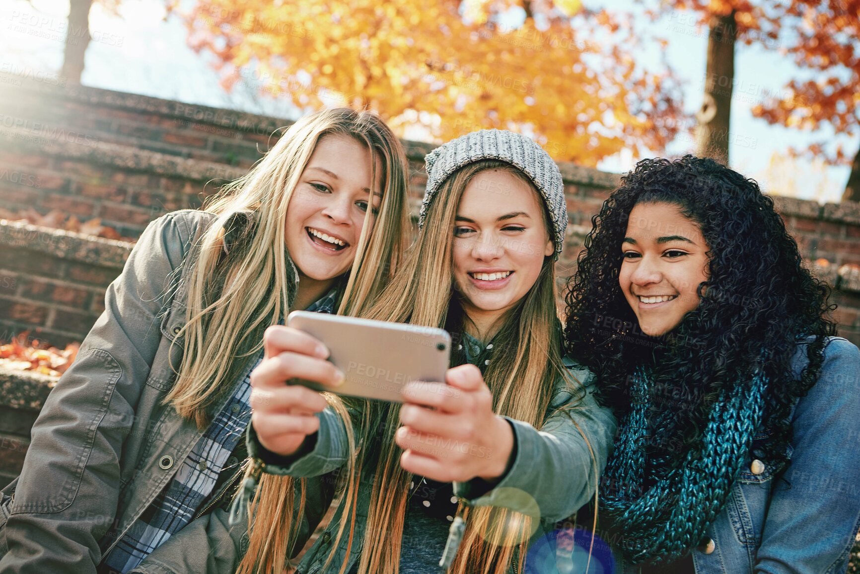 Buy stock photo Selfie, happy or girl friends in park for social media, online post or profile picture together in autumn. Relax, diversity or gen z girls with smile for photo on a fun holiday vacation in nature 