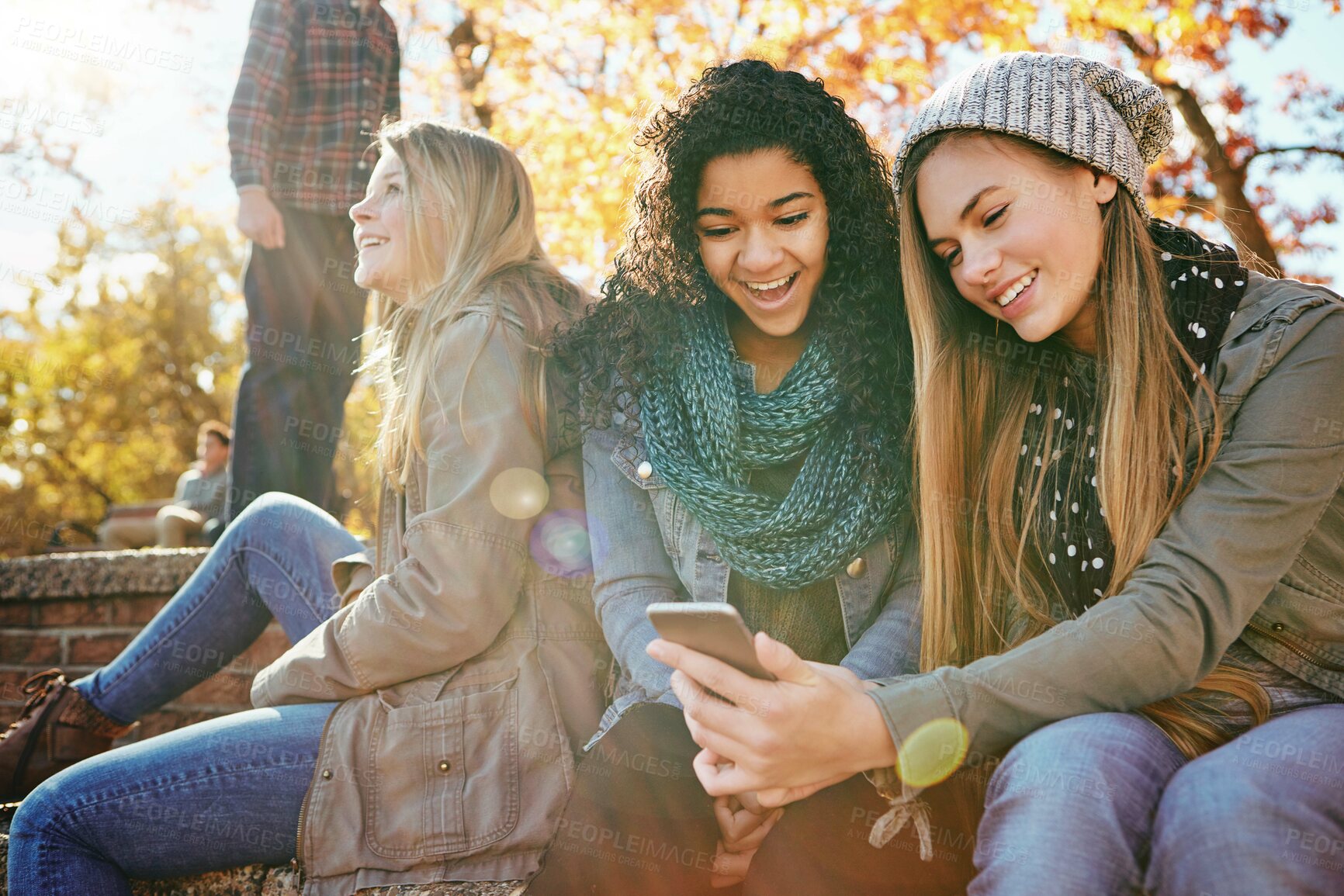 Buy stock photo Phone, teenager gossip or friends in park with smile for holiday vacation on funny social media post or meme. Happy people, drama or gen z girls in nature talking, speaking or laughing at comedy joke