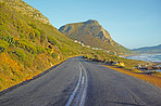 Nature, lake and road with highway for adventure, destination and outdoor location for holiday journey. Driveway, sustainable and ecology with mountain for plants, travel and landscape in Switzerland