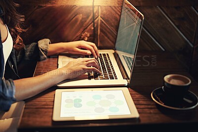 Buy stock photo Woman, hands and laptop at night in cafe, copywriter and online research for article deadline. Female person, tablet and column feature for project proposal, web planning and diner for remote work