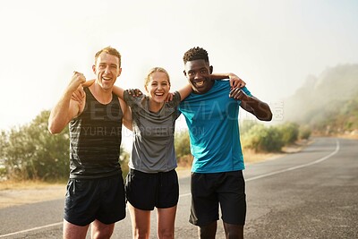 Buy stock photo Team, happy runners and fitness friends with support, motivation and winning in celebration of race victory. Sports, together and group excited for achievement, exercise and cardio workout progress