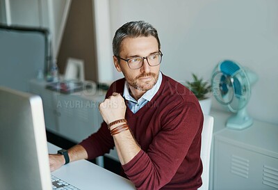 Buy stock photo Man, remote work and computer with glasses for thinking, response and contact in home office. Male freelancer, technology and ideas at desk for communication, review and planning on internet