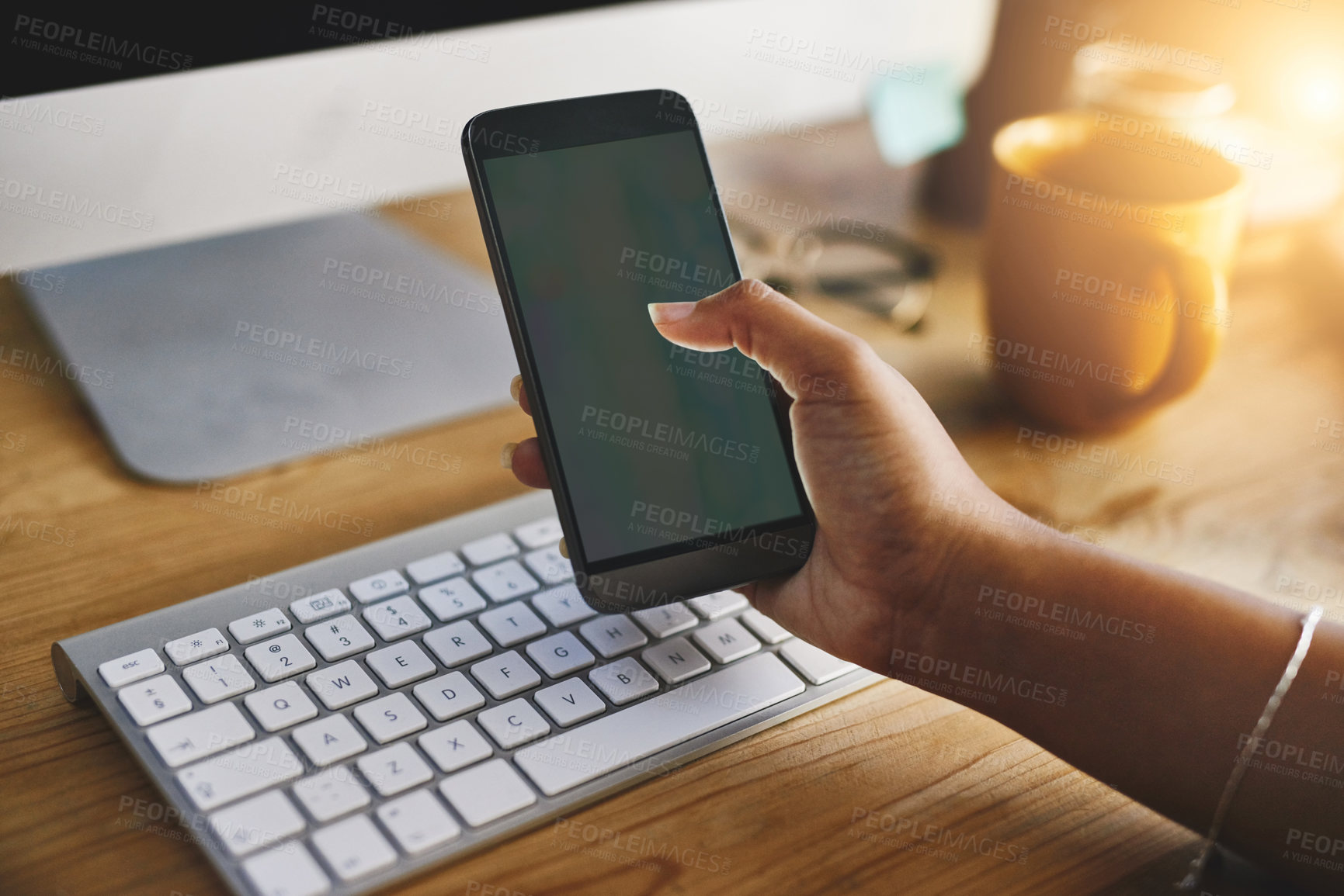Buy stock photo Mockup, phone screen and hands of business person in office for website news, social media and internet chat. Space, computer and worker typing on smartphone for research, online contact and email