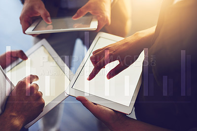 Buy stock photo Hands, tablet and business people in group with blank screen, stats and scroll for financial review at company. Teamwork, ux and digital touchscreen with app, feedback and typing at creative agency