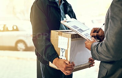 Buy stock photo Delivery man, sign and box with customer for paperwork, stock or inventory for product, supply chain or shipping. Person, driver and courier for invoice with writing, cargo and transport for service